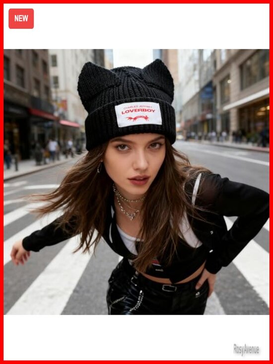 Unisex Knitted Bunny Ear Beanie Cute Slouchy Hat Winter Warm Y2K Skull Cap main image 6